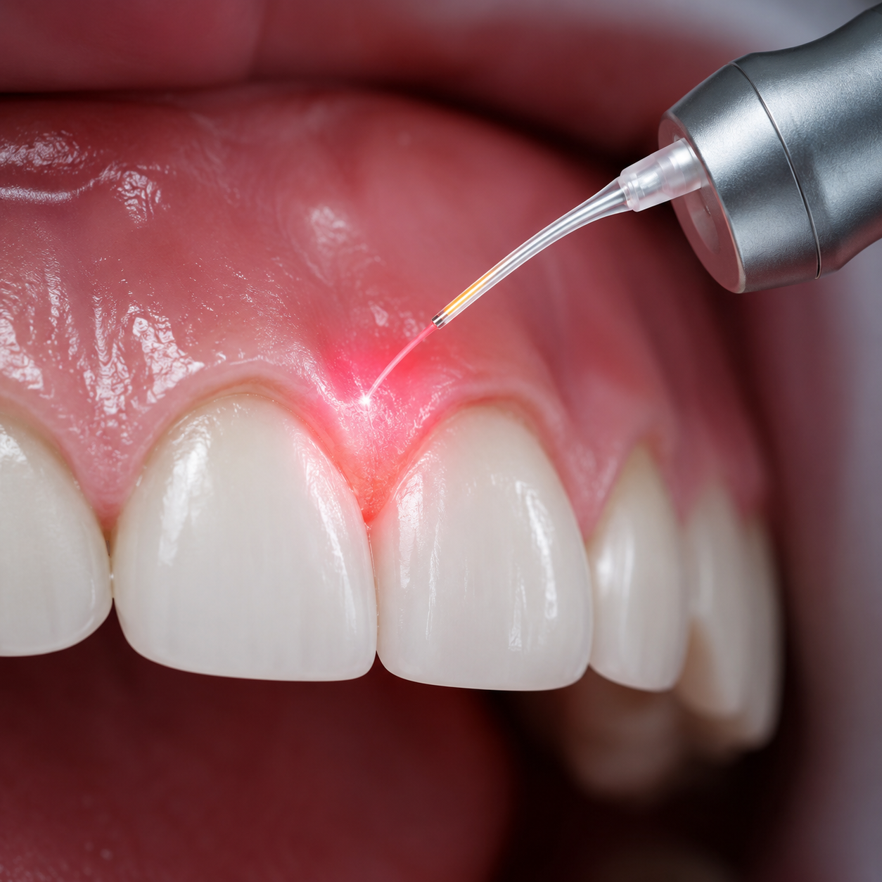 Dettaglio di un trattamento odontoiatrico con laser su gengive