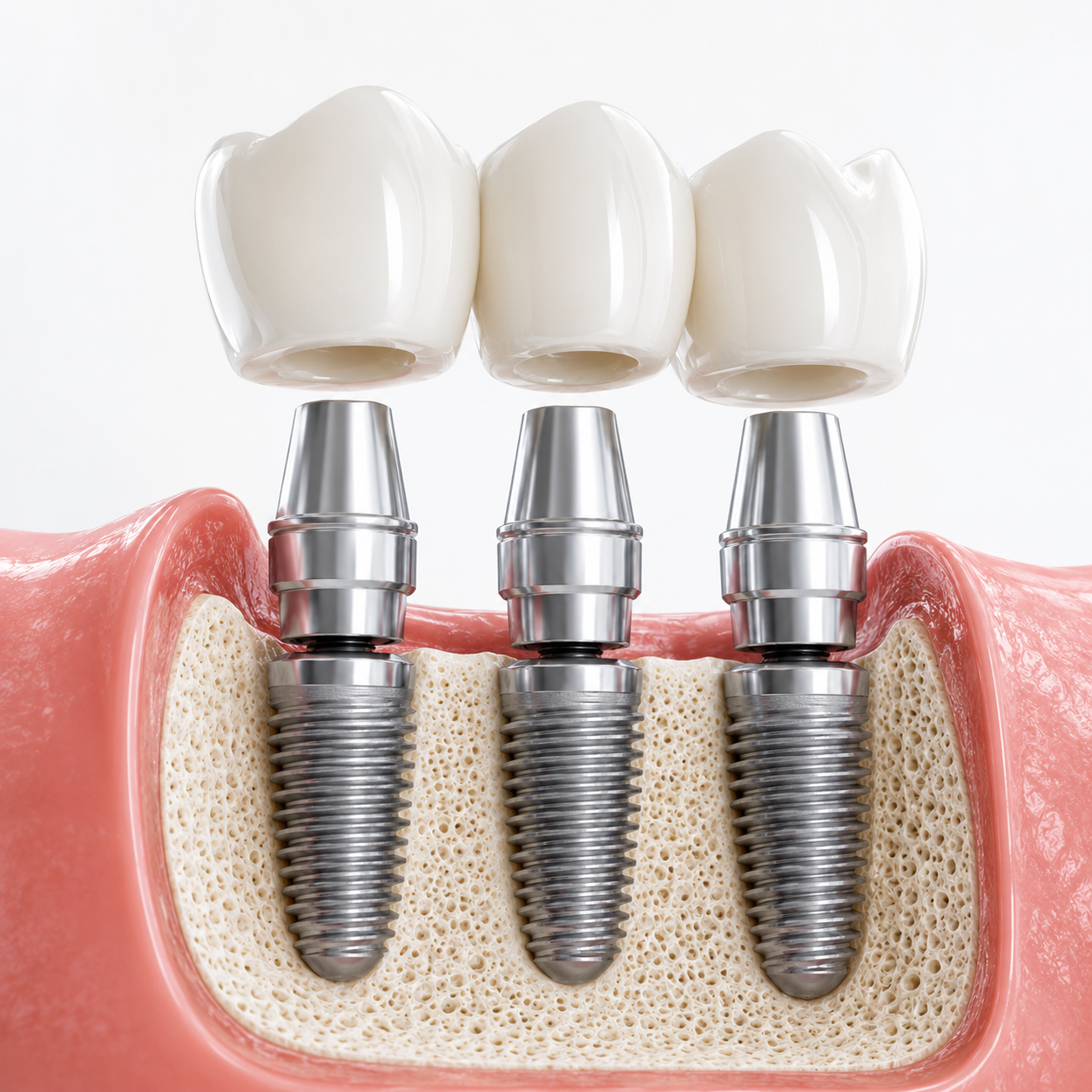 Illustrazione di impianti dentali a supporto di corone protesiche